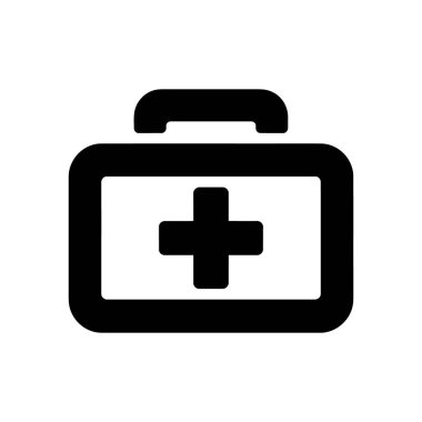 Siyah ve beyaz vektör ikonu beyaz arka planda çapraz sembollü bir ilk yardım kiti tasvir ediyor. Sağlık, acil durum ve tıbbi yardım sunar.