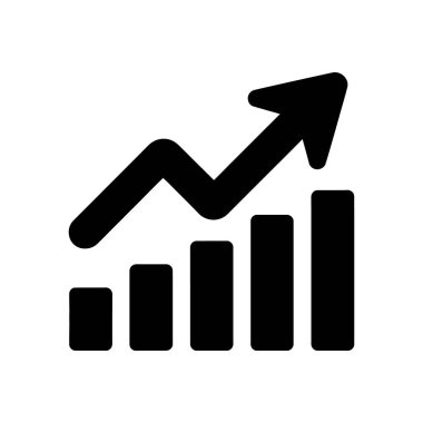 Bu temiz vektör simgesi yukarı bakan bir ok ile siyah bir çubuk grafiği içerir, beyaz arkaplan üzerindeki büyüme, başarı ve pozitif eğilimleri gösterir.
