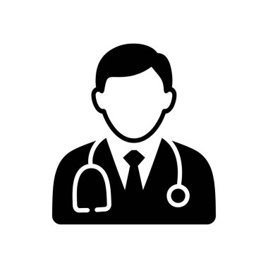 Takım elbise ve steteskop giyen bir doktorun profesyonel siyah-beyaz vektör çizimi. Tıbbi ve sağlıkla ilgili projeler ve sunumlar için minimalist tasarım.