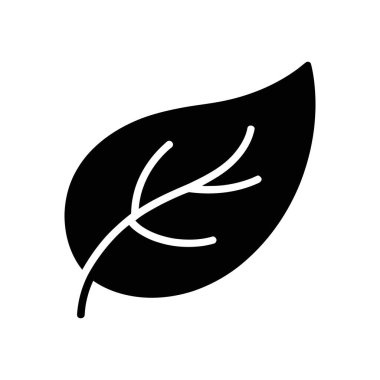 Görünür beyaz damarları olan basit, katı siyah bir yaprak gösteren vektör simgesi. Temiz beyaz bir arkaplanda izole edilmiş siluet, minimalist bir tasarım sunuyor..