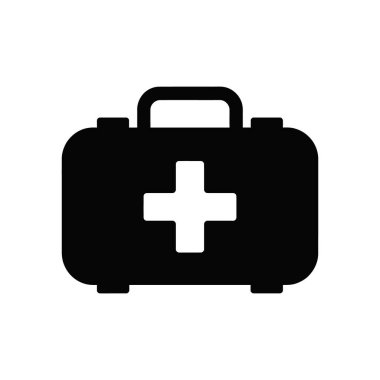 Bu, siyah bir ilk yardım çantasının beyaz arka planda beyaz bir haçı olan bir vektör ikonu. Tıbbi ve sağlık uygulamaları için kullanışlı..