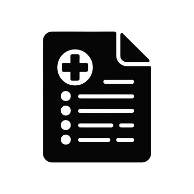 Siyah ve beyaz vektör ikonu tıbbi kayıtları gösteriyor. Belgede bir çember içinde sağlık bilgilerinin yanı sıra liste ayrıntılarını gösteren artı işareti gösteriliyor.