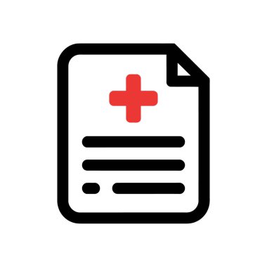 Belirgin bir kırmızı haç sembolüne sahip bir tıbbi kayıt simgesini gösteren vektör illüstrasyonu, temiz ve beyaz bir arkaplanda sunulmaktadır. Belge simüle edilmiş metin satırlarını içeriyor.