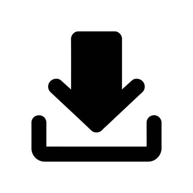 Temiz bir vektör simgesi, tepsiye doğru uzanan, bozulmamış beyaz bir arkaplan üzerinde duran ve arayüzler için uygun olan siyah indirme simgesini gösterir.