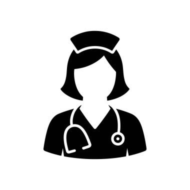Boynunda steteskop olan, temiz, minimalist beyaz bir arkaplan üzerine kurulmuş üniformalı kadın bir hemşirenin izole edilmiş siyah siluet vektör simgesi..