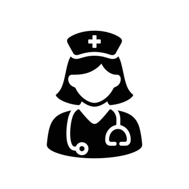 Boynunda steteskop ve tıbbi haçlı hemşire şapkası olan bir hemşireyi tasvir eden izole edilmiş vektör ikonu. Tasarım temiz, basit ve tıbbi tasarım için uygundur..