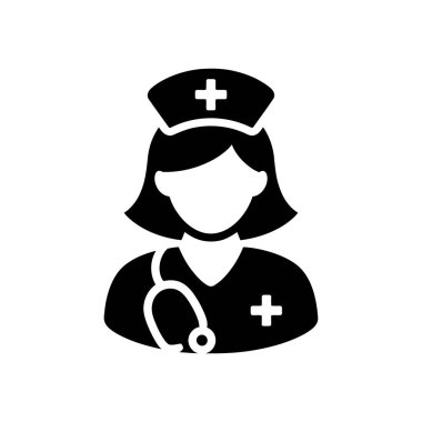 Hemşire vektör ikonu steteskopu olan, artı işareti ile süslenmiş bir şapka takan, beyaz arka planda duran bir kadını gösteriyor. İzole hemşire klipsi sanatı..