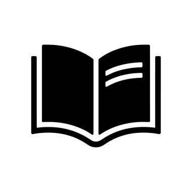 Vektör simgesi temiz beyaz bir arkaplan karşısında siyah bir açık kitap sergiliyor, eğitim, okuma, öğrenme ve bilgi arayışı temalarını vurguluyor.