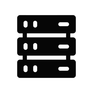 Beyaz arkaplana karşı siyah bir sunucu simgesi gösterir. Simge, her biri yuvarlak köşeli ve küçük oval ayrıntılara sahip yatay olarak istiflenmiş üç veri depolama biriminden oluşuyor..