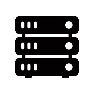 Beyaz zemin üzerinde dikey olarak istiflenmiş bir sunucu rafının siyah vektör simgesi, çoklu gösterge ışıkları ve güç düğmeleri olan üç sunucuyu gösterir.