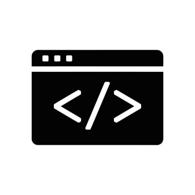 Beyaz bir arkaplanda izole edilmiş siyah vektör simgesi, çekirdeğinde kodlama etiketleri olan bir web tarayıcı penceresi görüntüler, bu da web geliştirme ve programlama anlamına gelir.