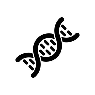 Genetik bilgiyi veya moleküler biyoloji kavramlarını temsil eden, temiz, beyaz bir arka plan üzerine kurulmuş, biçimlendirilmiş DNA çift sarmal ipliğini tasvir eden bir minimalist, siyah vektör ikonu..