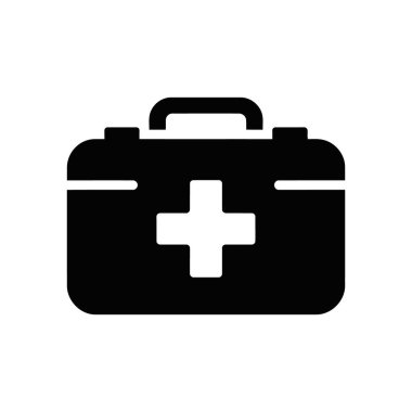 İlk yardım çantası vektör simgesi siyah, öne çıkan beyaz bir haç var. Beyaz arka planda sağlık, güvenlik ve acil tasarım projeleri için ideal.