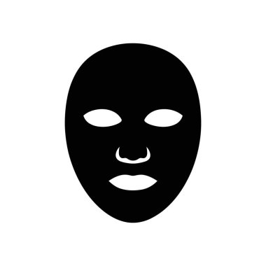 Minimalist özellikli siyah maske, beyaz bir arka planda izole edilmiş. Bu vektör simgesi, açık ve basit bir şekilde anonimliği, cilt bakımını veya kılığı temsil eder.