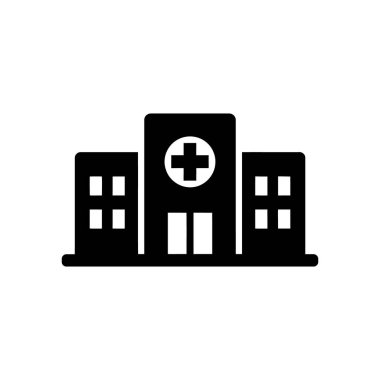 Merkez binasında üç kesitli bir hastane binası ve beyaz bir haç tasvir eden siyah siluet, temiz beyaz bir arkaplan üzerine kurulmuş..