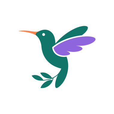 Turuncu gagalı ve lavanta kanatlı yeşil sinekkuşu vektör ikonu. Uçuşta kendini belli eder ve beyaz yaprakların üzerindeki yeşil yaprakların üzerine tünemiştir..