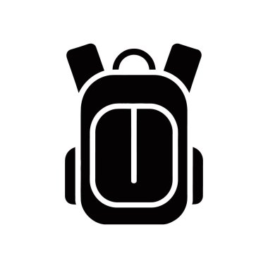 Beyaz arkaplanda izole edilmiş bu vektör simgesi, koyu siyah siluet biçiminde yapılmış görünür kayışlar, üst kulp ve ana bölme bölücüsü içeren bir sırt çantasına sahiptir..