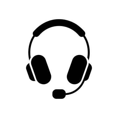 Bu basit bir siyah-beyaz vektör ikonu, mikrofon içeren bir kulaklık. Tasarım temiz, modern ve minimalist, beyaz bir arka plan üzerine kuruludur..