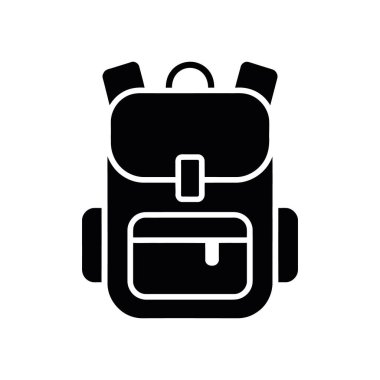 Siyah siluet vektör simgesi, üst kolu, omuz kayışları, ön tokası ve alt cebi temiz beyaz bir arkaplan karşısında izole edilmiş basit bir sırt çantası tasvir eder.