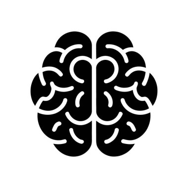 Bir insan beyni ikonunun basitleştirilmiş, katı siyah vektör çizimi, beyaz arka planda zeka, nöroloji, sağlık ve zihinsel refah ile ilgili konular için kullanışlıdır..
