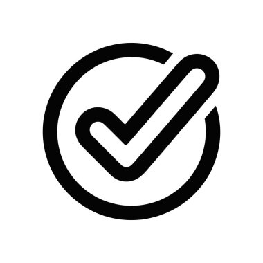 Beyaz arka planda görev tamamlama, onaylama veya doğrulama için ideal dairesel şekildeki bir işaretleme sembolünün izole edilmiş siyah vektör çizimi.