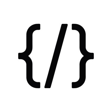 Grafik tasarım projeleri için beyaz bir arkaplan üzerinde izole edilmiş ileri / geri çizgi sembollü siyah kıvrımlı parantez kod simgesinin basit ve temiz vektör çizimi.