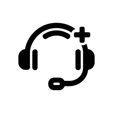 Mikrofon ve artı işareti ile tamamlanmış siyah bir kulaklık simgesinin vektör çizimi. Destek, yardım ya da çağrı merkezi hizmetleri için mükemmel. Beyaz arkaplan.
