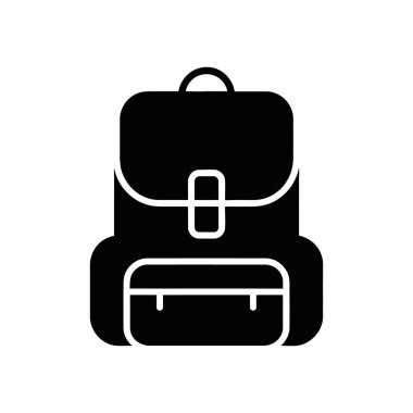 Sırt çantasının katı siyah vektör çizimi. Ön cepli bir sırt çantasının, beyaz bir arka planda basit bir vektör çizimi.