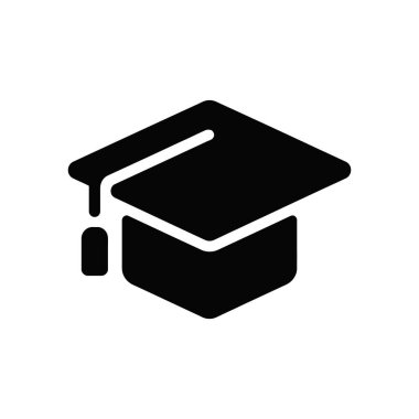 Beyaz arkaplandaki siyah mezuniyet başlık vektör simgesi akademik başarıyı ve eğitim başarısını simgeler, eğitim ve mezuniyete bağlı tasarımlar için mükemmeldir.