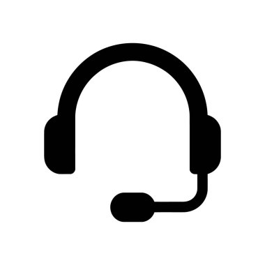 Beyazda izole edilmiş mikrofonlu siyah bir kulaklığın vektör çizimi. Müşteri desteği, çağrı merkezleri veya çevrimiçi iletişimi temsil eden simgeler için ideal.