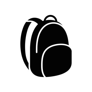 Siyah bir sırt çantası simgesinin ön görüntüsü. Omuz askıları ve beyaz arka planda üst kulp. Basit tasarım, çeşitli dijital ya da yazdırma projeleri için uygun.