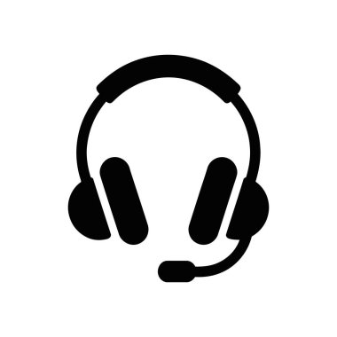 İzole edilmiş siyah vektör simgesi, beyaz arka planda müşteri hizmetleri, çağrı merkezleri ve çevrimiçi iletişim için kullanılan mikrofonlu bir kulaklık tasvir ediyor..