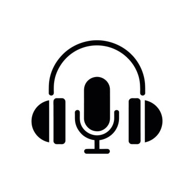 Müzik, ses veya video kaydı için kulaklık ve mikrofon ile izole edilmiş siyah podcast ikonu. Bu vektör grafik beyaz arkaplanda, yaratıcı tasarımlar için mükemmel..