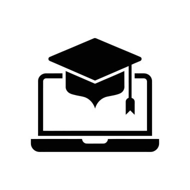 Online eğitimi temsil eden bir laptop ekranındaki mezuniyet şapkasının siyah vektör çizimi. Stok illüstrasyon tasarımı için beyaz arkaplan üzerindeki izole vektör simgesi.
