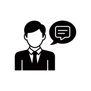Siyah vektör simgesi bir iş adamını konuşma balonunun yanında beyaz bir arkaplan ile iletişim kurmayı temsil eden metinler içeren bir kıyafet ve kravat ile gösteriyor..