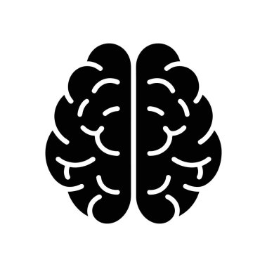 Yukarıdan bakıldığında insan beyninin basit bir grafik tasviri, temiz beyaz bir arkaplana karşı katı bir siyah vektör ikonu olarak gösteriliyor. Projelerde kullanılacak illüstrasyon tasarımı.