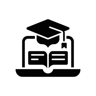 Beyaz arkaplandaki izole edilmiş vektör simgesi, ekranında açık bir kitap bulunan ve çevrimiçi öğrenmeyi temsil eden bir mezuniyet şapkasını bir dizüstü bilgisayarın üzerinde gösterir..