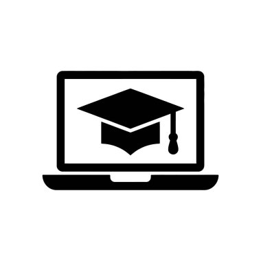 Siyah vektör simgesi, online eğitimi, uzaktan eğitimi ya da sanal mezuniyet törenlerini sembolize eden bir dizüstü bilgisayar ekranındaki mezuniyet havan topu şapkasını gösteriyor. Beyaz bir arkaplanda.