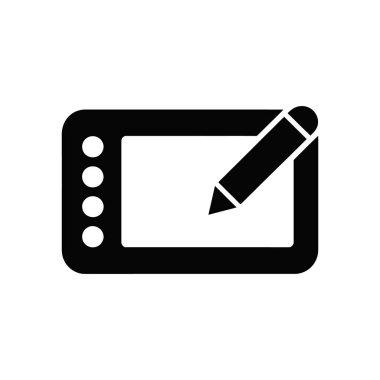 Bu siyah bir grafik tableti, yanında dört düğmesi olan bir stilus kalem simgesi, temiz, beyaz bir arkaplan üzerine kurulmuş. Çok yönlü kullanım için vektör tasarımı.