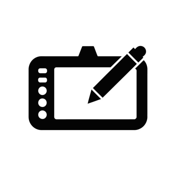 Isolated illustration of a black graphic tablet icon with a digital pen, featuring a minimalist design, suitable for artistic or creative themes on a white background.