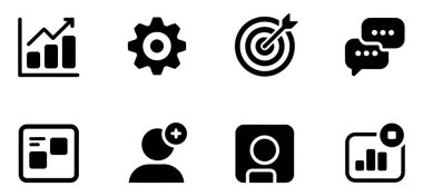 Büyüme, ayar, hedefler, kullanıcı yönetimi ve iletişim gibi temel iş ve teknolojik kavramları gösteren sekiz siyah vektör simgesi.