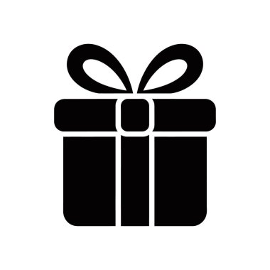 Dekoratif kurdele ile sunulan hediye kutusunun siyah ve beyaz vektör grafik simgesi. Kutlama, bayram, hediye verme veya özel durum tasarımı için sembol.