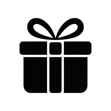 Vektör resmi, yuvarlak kenarlı, yay ile süslenmiş, temiz beyaz bir zemin üzerine kurulmuş katı bir siyah hediye kutusu simgesini gösteriyor. Kutlama ve asgari.