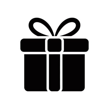 Bir hediyenin basit siyah vektör çizimi, hediye kutusu simgesi, kurdele yayı ile tamamlanmış, temiz beyaz bir arkaplanda izole edilmiş. Grafik tasarımları için ideal.