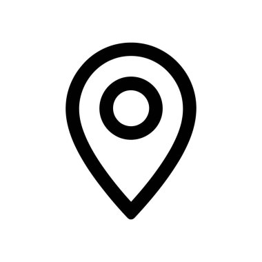 Tek bir katı siyah lokasyon pin ikonu içeren, beyaz arkaplan üzerine kurulmuş minimalist bir vektör grafiği. Çeşitli tasarım uygulamaları için uygun temiz tasarım.