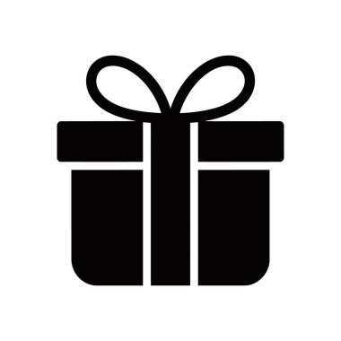 İzole edilmiş katı siyah vektör sanatı, basit bir grafik çizimini gösteriyor. Beyaz bir arkaplana kurdele ile bağlanmış bir hediye kutusu..