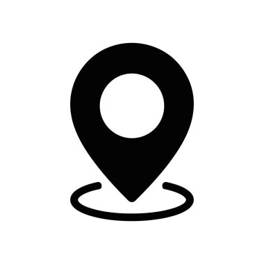 Merkezinde dairesel bir kesik ve eğri bir tabanı olan siyah bir lokasyon rozeti tasvir eden vektör görüntüsü. Haritalarda gezinme ya da adres gösterimi için mükemmel.