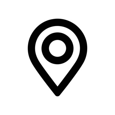 Vektör grafiği, haritalar, navigasyon uygulamaları ve konum tabanlı servis arayüzleri için uygun belirgin bir iç çember içeren siyah bir konum simgesi simgesi gösterir.