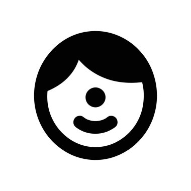 Basit vektör grafiği siyah bir çemberin içinde gülümseyen bir kız yüzü gösteriyor. Minimalist özellikleri ve siyah beyaz düz bir tasarımı var..