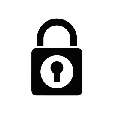 Güvenlik, gizlilik, koruma ve erişim kontrol kavramlarını temsil etmek için ideal, beyaz zemin üzerinde bir anahtar deliği bulunan basit bir siyah asma kilit simgesi tasviri.